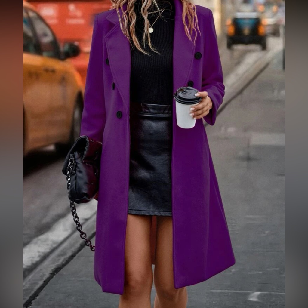 Lapel Collar Double Breasted Overcoat Pea Coat Peacoat Purple